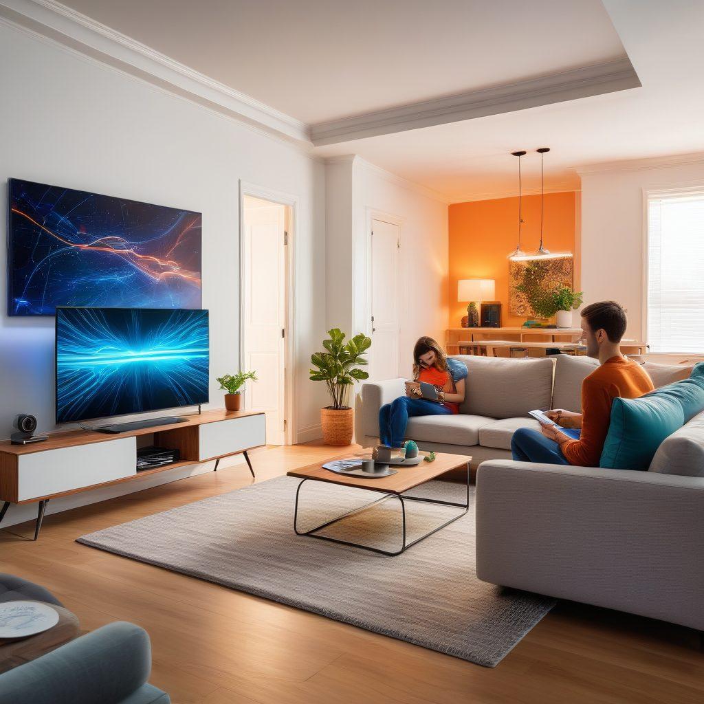 A cozy, modern living room showcasing a family enjoying high-speed internet on multiple devices, with visual representations of optimized firmware solutions surrounding them like glowing circuits and speed lines. Include vibrant colors to emphasize excitement and connectivity. The background should depict a high-tech router with dynamic signals emanating from it. super-realistic. vibrant colors. white background.