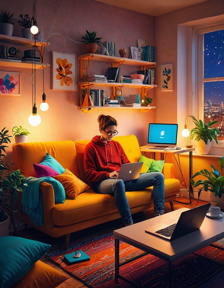 A cozy home setting showcasing a modern living room filled with tech gadgets and routers, with an animated character joyfully customizing OpenWRT firmware on a laptop. Colorful wires and playful icons representing network connections float around, symbolizing the journey of connectivity. Warm lighting creates an inviting atmosphere. digital illustration. vibrant colors. cartoonish style.