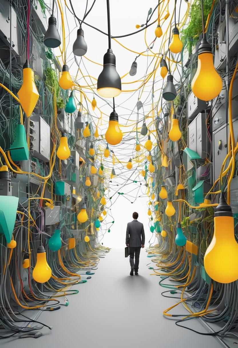 An illustrated pathway leading from a tangled mess of wires and uncertainty to a bright, cheerful room where a happy individual is configuring networking equipment with OpenWRT interfaces displayed on a laptop screen. Include symbols of progress like arrows pointing forward and light bulbs representing ideas. Use a color palette that transitions from dull grays to vibrant greens and yellows. vector art. vibrant colors. white background.